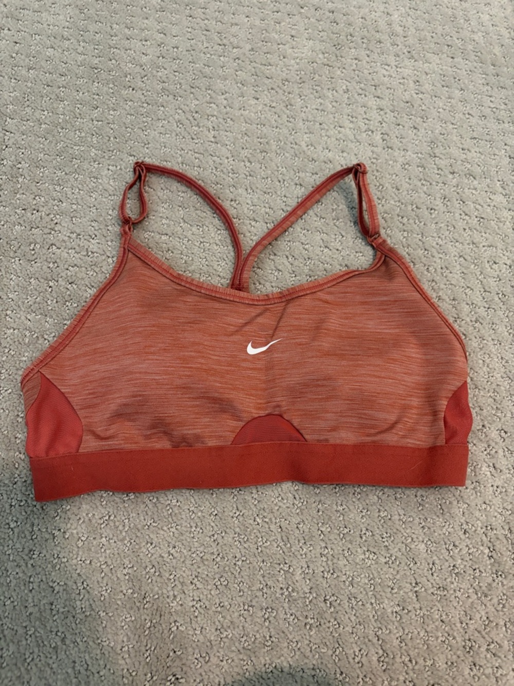 Nike Women's Burnt Orange Racerback Sports Bra with White Swoosh